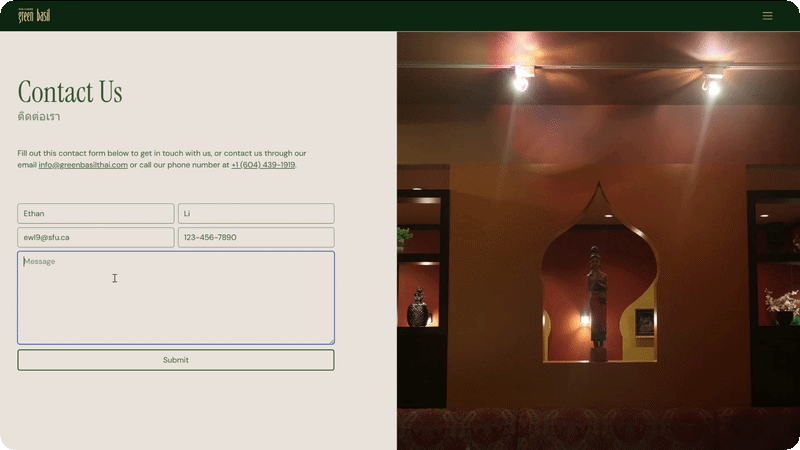 Gif of the Green Basil Contact Page