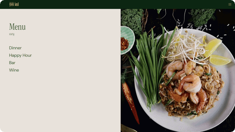 Gif of the Green Basil Menu Page
